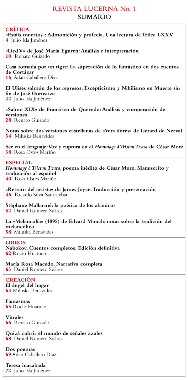 Contenidos del primer número de revista Lucerna